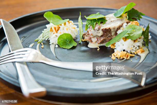 August 8: Charred beef brisket, miso emulsion, jasmine, lime, peanut, and shiso at Patowmack Farm restaurant in Lovettsville, VA.