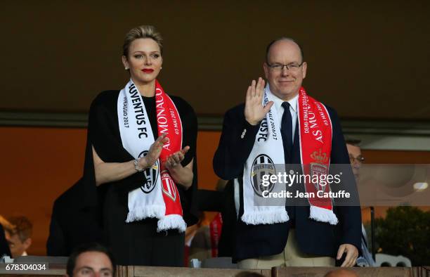 Prince Albert II of Monaco and Princess Charlene of Monaco attend the UEFA Champions League semi final first leg match between AS Monaco and Juventus...