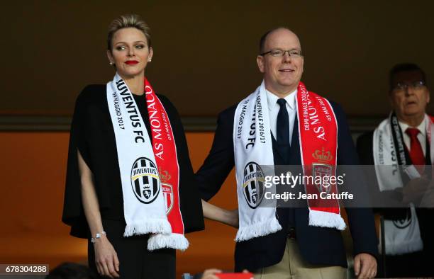 Prince Albert II of Monaco and Princess Charlene of Monaco attend the UEFA Champions League semi final first leg match between AS Monaco and Juventus...