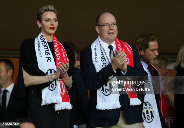 Prince Albert II of Monaco and Princess Charlene of Monaco, with Andrea Casiraghi attend the UEFA Champions League semi final first leg match between...