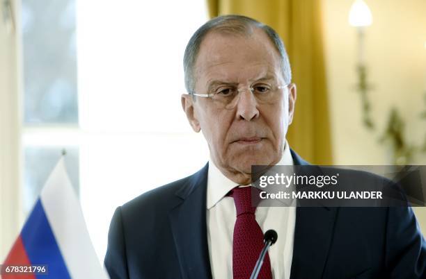 Russian Foreign Minister Sergei Lavrov is pictured during his meeting with his Finnish counterpart at Hotel Haikko Manor in Porvoo, Finland, on May...