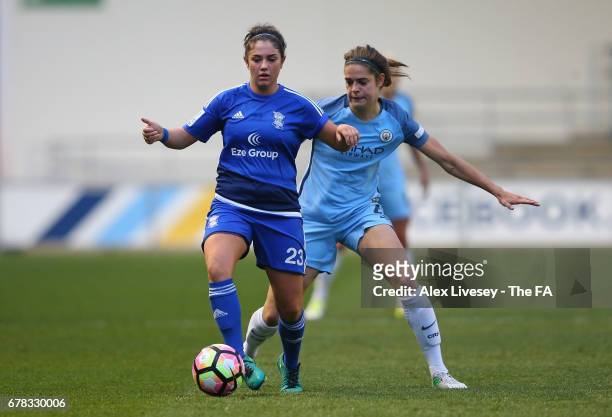 Coral-Jade Haines of Birmingham City Ladies shields the ball from Tessel Middag of Manchester City Women during the WSL 1 match between Manchester...