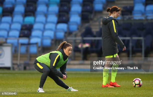 Megan Campbell of Manchester City Women warms up during the WSL 1 match between Manchester City Women and Birmingham City Ladies at City Academy on...