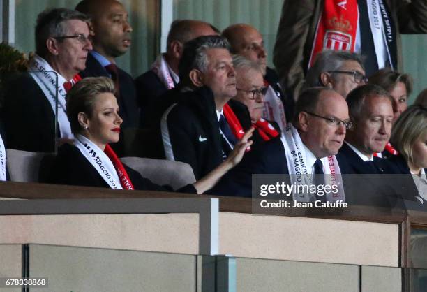 Princess Charlene of Monaco consoles Prince Albert II of Monaco after the second goal of Juventus during the UEFA Champions League semi final first...