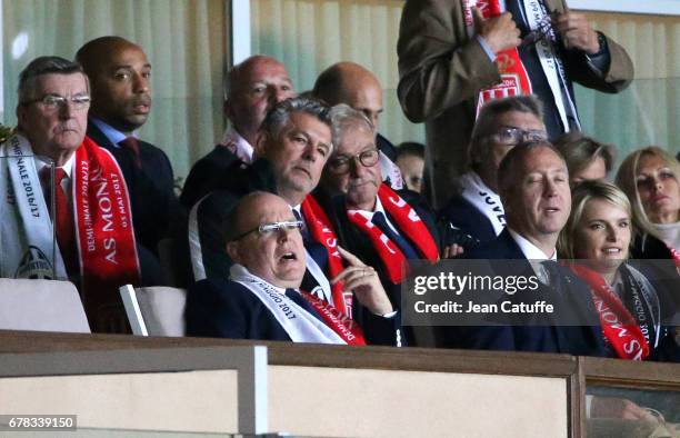Prince Albert II of Monaco, Thierry Henry, Joel Bouzou, Vice President of AS Monaco Vadim Vasilyev attend the UEFA Champions League semi final first...