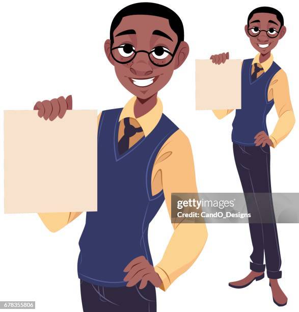 ilustraciones, imágenes clip art, dibujos animados e iconos de stock de chico nerd con cartel - school uniform