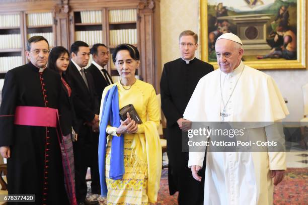 Pope Francis meets Burmese State Counsellor and Foreign Minister Aung San Suu Kyi on May 4, 2017 in Vatican City, Vatican.