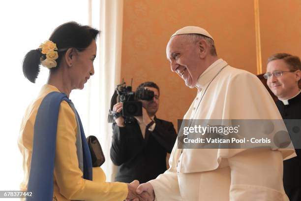 Pope Francis meets Burmese State Counsellor and Foreign Minister Aung San Suu Kyi on May 4, 2017 in Vatican City, Vatican.