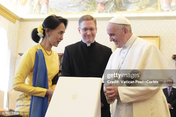 Pope Francis meets Burmese State Counsellor and Foreign Minister Aung San Suu Kyi on May 4, 2017 in Vatican City, Vatican.