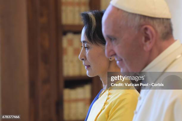 Pope Francis meets Burmese State Counsellor and Foreign Minister Aung San Suu Kyi on May 4, 2017 in Vatican City, Vatican.