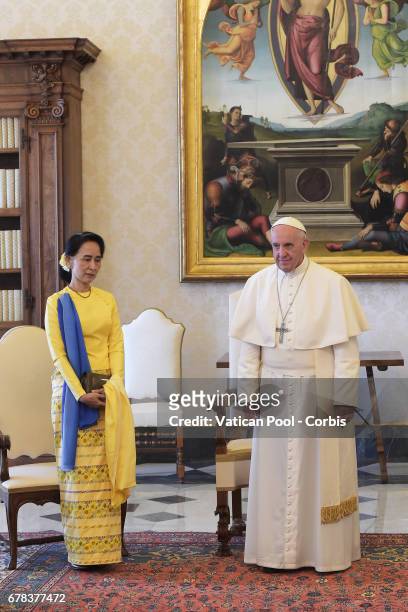 Pope Francis meets Burmese State Counsellor and Foreign Minister Aung San Suu Kyi on May 4, 2017 in Vatican City, Vatican.