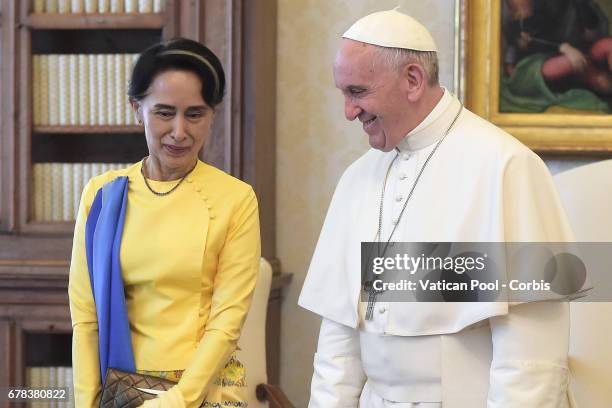 Pope Francis meets Burmese State Counsellor and Foreign Minister Aung San Suu Kyi on May 4, 2017 in Vatican City, Vatican.