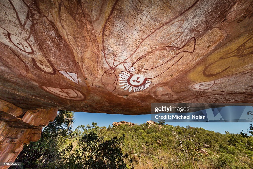 Aboriginal Wandjina cave artwork in sandstone caves at Raft Point, Kimberley, Western Australia, Australia, Pacific