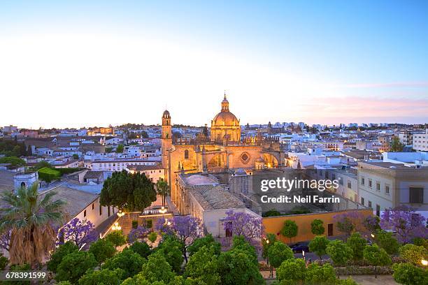 the cathedral of san salvador at dusk, jerez de la frontera, cadiz province, andalucia, spain, europe - jerez de la frontera stock pictures, royalty-free photos & images