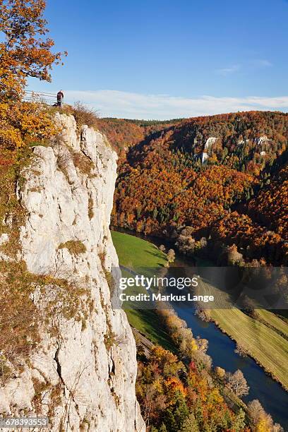 eichfelsen rock and danube valley in autumn, upper danube nature park, swabian alb, baden wurttemberg, germany, europe - beautiful blue danube stock pictures, royalty-free photos & images