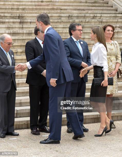 King Felipe VI of Spain and Queen Letizia of Spain arrive to the National Library on May 4, 2017 in Madrid, Spain.