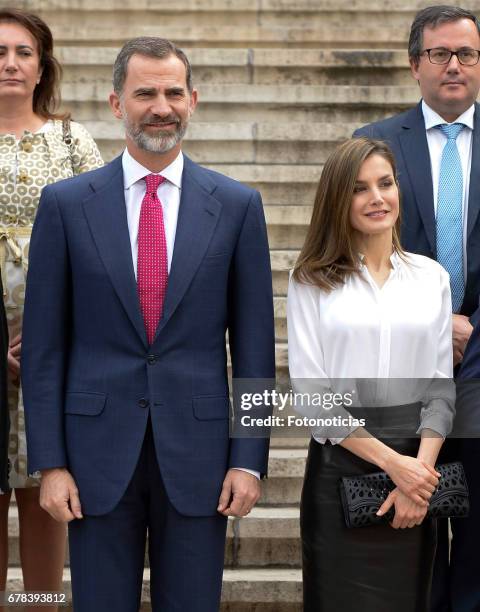 King Felipe VI of Spain and Queen Letizia of Spain arrive to the National Library on May 4, 2017 in Madrid, Spain.