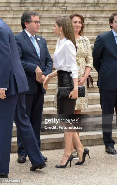 Queen Letizia of Spain arrives to the National Library on May 4, 2017 in Madrid, Spain.