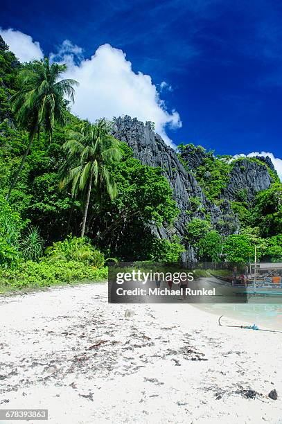 white sand beach in a bay in the bacuit archipelago, palawan, philippines, southeast asia, asia - bacuit archipelago stock pictures, royalty-free photos & images