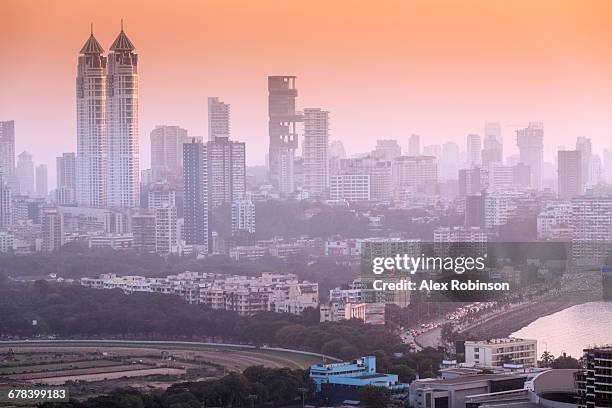 skyline with imperial twin-tower residential skyscrapers, ambhani building and haji ali bay, mumbai, maharashtra, india, asia - mumbai skyline stock pictures, royalty-free photos & images