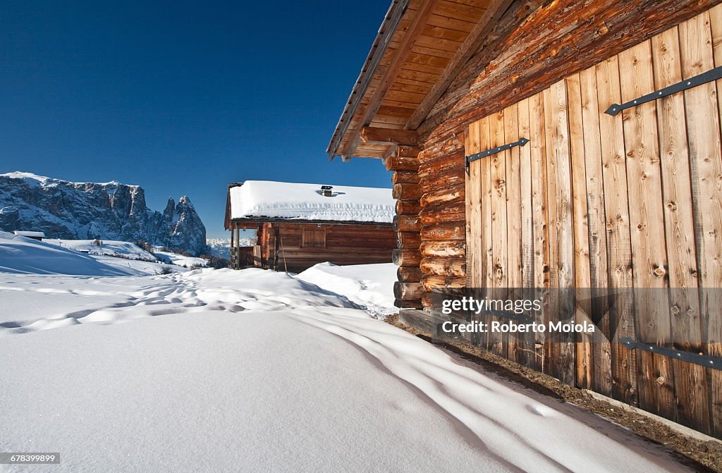 Traditional mountain hut in Seiser Alm, South Tyrol, Dolomites, Italy, Europe