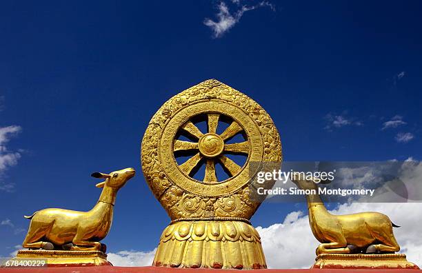 a golden dharma wheel and deer sculptures on the sacred jokhang temple roof, barkhor square, lhasa, tibet, china - dharmachakra stock pictures, royalty-free photos & images