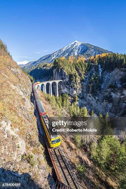 bernina express passes over the landwasser viadukt surrounded by colorful woods, canton of graubunden, switzerland, europe - landwasser viaduct photos et images de collection