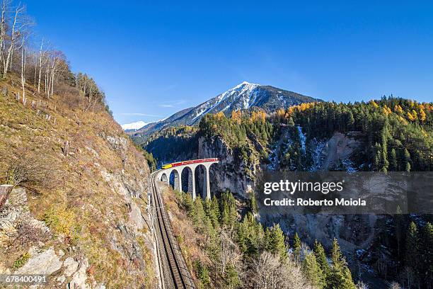 bernina express passes over the landwasser viadukt surrounded by colorful woods, canton of graubunden, switzerland, europe - landwasser viaduct photos et images de collection