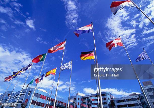 flags of europe in front of the europazentrum, kirchberg, luxembourg - kirchberg luxemburg bildbanksfoton och bilder