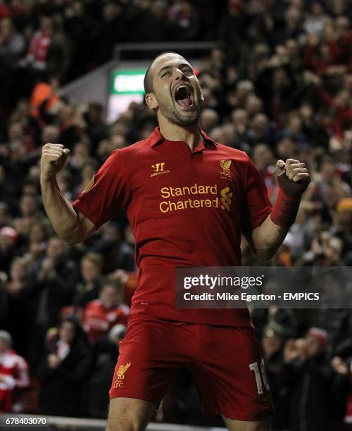 Liverpool's Joe Cole celebrates after scoring his team's second goal