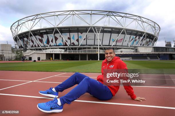 Sprinter Adam Gemili of Great Britain poses ahead of the IAAF World Championships London 2017 during a photo shoot at The London Stadium on May 4,...