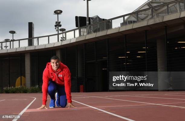 Sprinter Adam Gemili of Great Britain poses ahead of the IAAF World Championships London 2017 during a photo shoot at The London Stadium on May 4,...