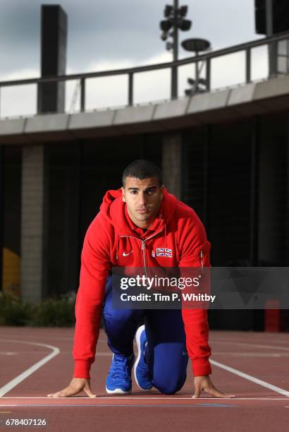 Sprinter Adam Gemili of Great Britain poses ahead of the IAAF World Championships London 2017 during a photo shoot at The London Stadium on May 4,...