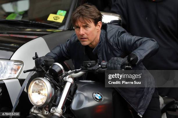 Actor Tom Cruise is seen on the set of Set of Mission : Impossible 6 on May 4, 2017 in Paris, France.