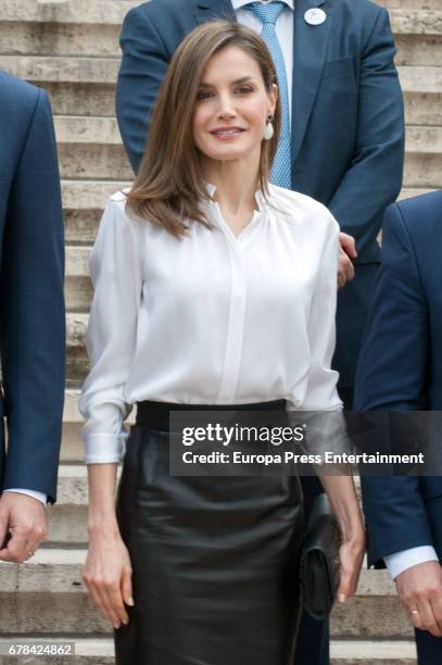 Queen Letizia of Spain arrives at the opening of the exhibition 'Scripta. Tesoros manuscritos de la Universidad de Salamanca' at the National Library...