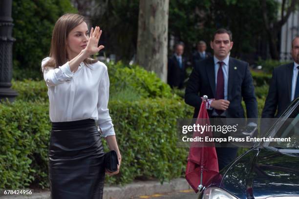 Queen Letizia of Spain arrives at the opening of the exhibition 'Scripta. Tesoros manuscritos de la Universidad de Salamanca' at the National Library...