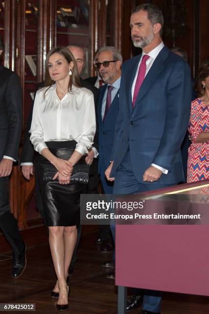 King Felipe of Spain and Queen Letizia of Spain arrive at the opening of the exhibition 'Scripta. Tesoros manuscritos de la Universidad de Salamanca'...