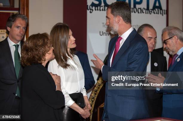 King Felipe of Spain and Queen Letizia of Spain arrive at the opening of the exhibition 'Scripta. Tesoros manuscritos de la Universidad de Salamanca'...