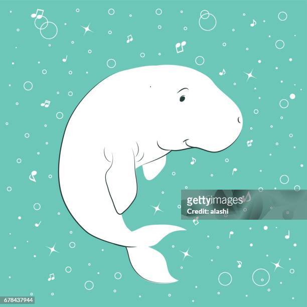glücklich dugong singen und tanzen, spielen mit luftblasen - manatee stock-grafiken, -clipart, -cartoons und -symbole