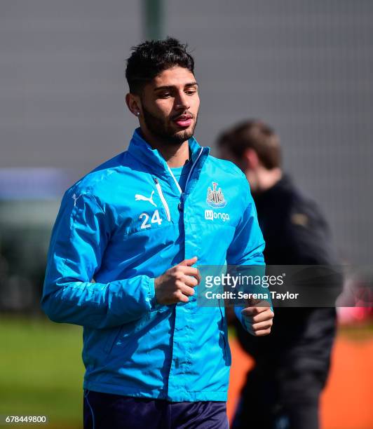 Achraf Lazaar warms up during the Newcastle United Training Session at The Newcastle United Training Centre on May 4, 2017 in Newcastle upon Tyne,...