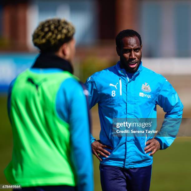 Vurnon Anita smiles at DeAndre Yedlin during the Newcastle United Training Session at The Newcastle United Training Centre on May 4, 2017 in...