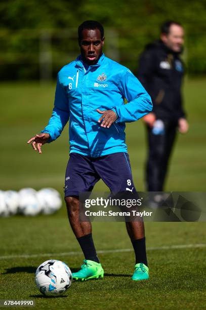 Vurnon Anita passes the ball during the Newcastle United Training Session at The Newcastle United Training Centre on May 4, 2017 in Newcastle upon...