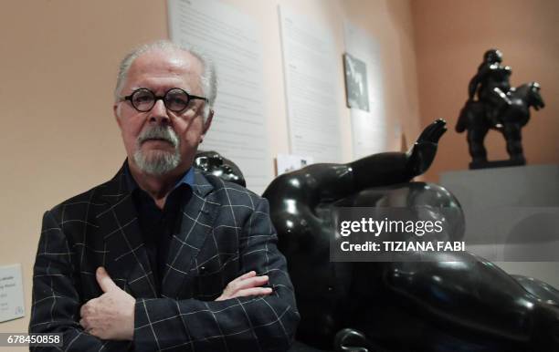 Colombian artist Fernando Botero, poses during a press preview of the exhibition "Botero" at the Vittoriano museum in Rome. The exhibition will run...