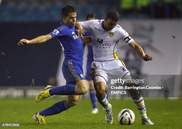 Leeds United's Lee Peltier and Chelsea's Cesar Azpilicueta battle for the ball