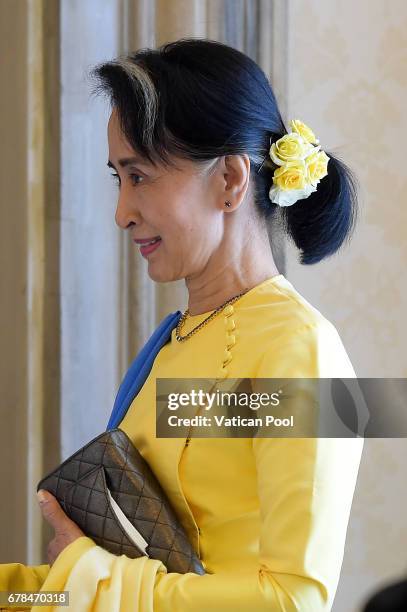 Daw Aung San Suu Kyi during a meeting with Pope Francis at the Apostolic Palace on May 4, 2017 in Vatican City, Vatican. The Holy See and the...