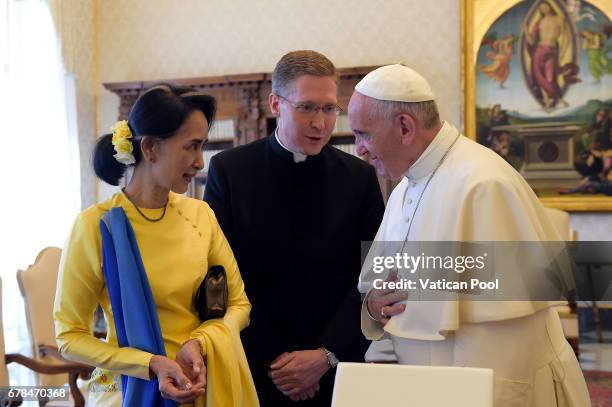 Pope Francis meets Daw Aung San Suu Kyi at the Apostolic Palace on May 4, 2017 in Vatican City, Vatican. The Holy See and the Republic of the Union...