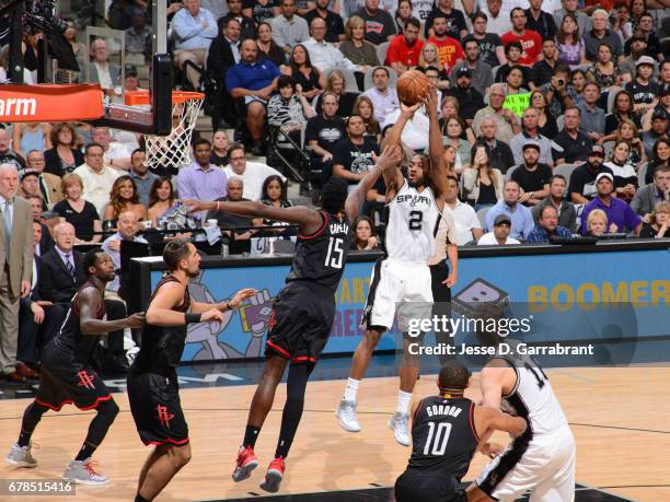 Kawhi Leonard of the San Antonio Spurs shoots the ball against the Houston Rockets during Game Two of the Western Conference Semifinals of the 2017...