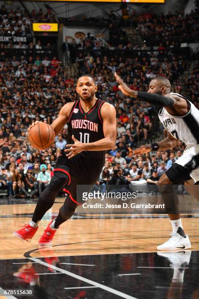 Eric Gordon of the Houston Rockets handles the ball against the San Antonio Spurs during Game Two of the Western Conference Semifinals of the 2017...