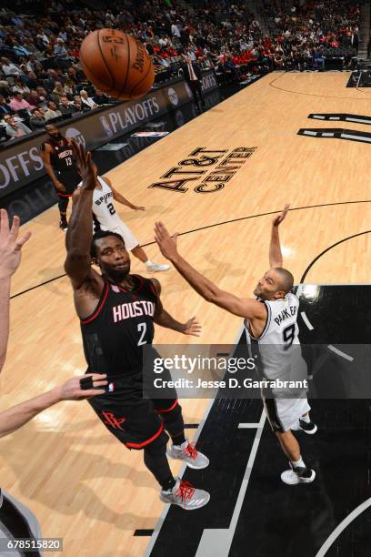 Patrick Beverley of the Houston Rockets drives to the basket against the San Antonio Spurs during Game Two of the Western Conference Semifinals of...