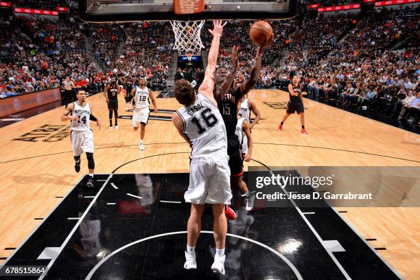 Clint Capela of the Houston Rockets drives to the basket against the San Antonio Spurs during Game Two of the Western Conference Semifinals of the...